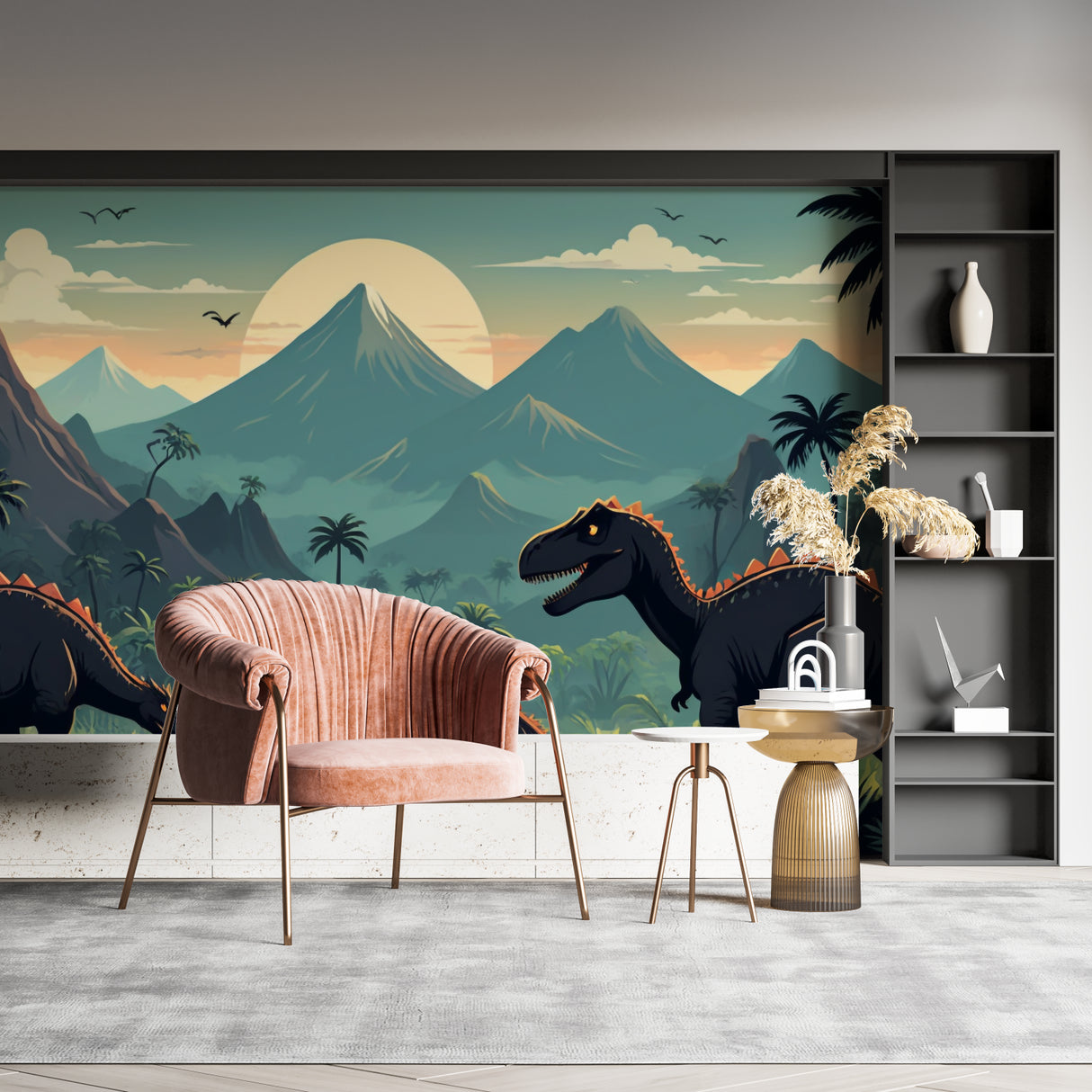 Jurassic wallpaper design adding warmth to a modern living room setting