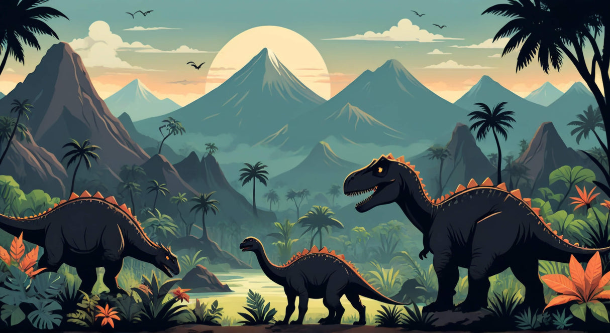 Dinosaur landscape wallpaper design file showing detailed T-Rex silhouettes against mountain sunset