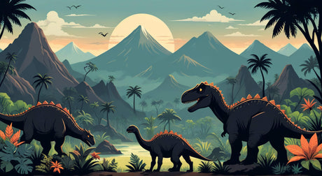 Dinosaur landscape wallpaper design file showing detailed T-Rex silhouettes against mountain sunset