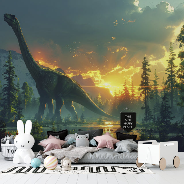 Dinosaur wallpaper mural in modern kids bedroom showing brachiosaurus silhouette against warm sunset