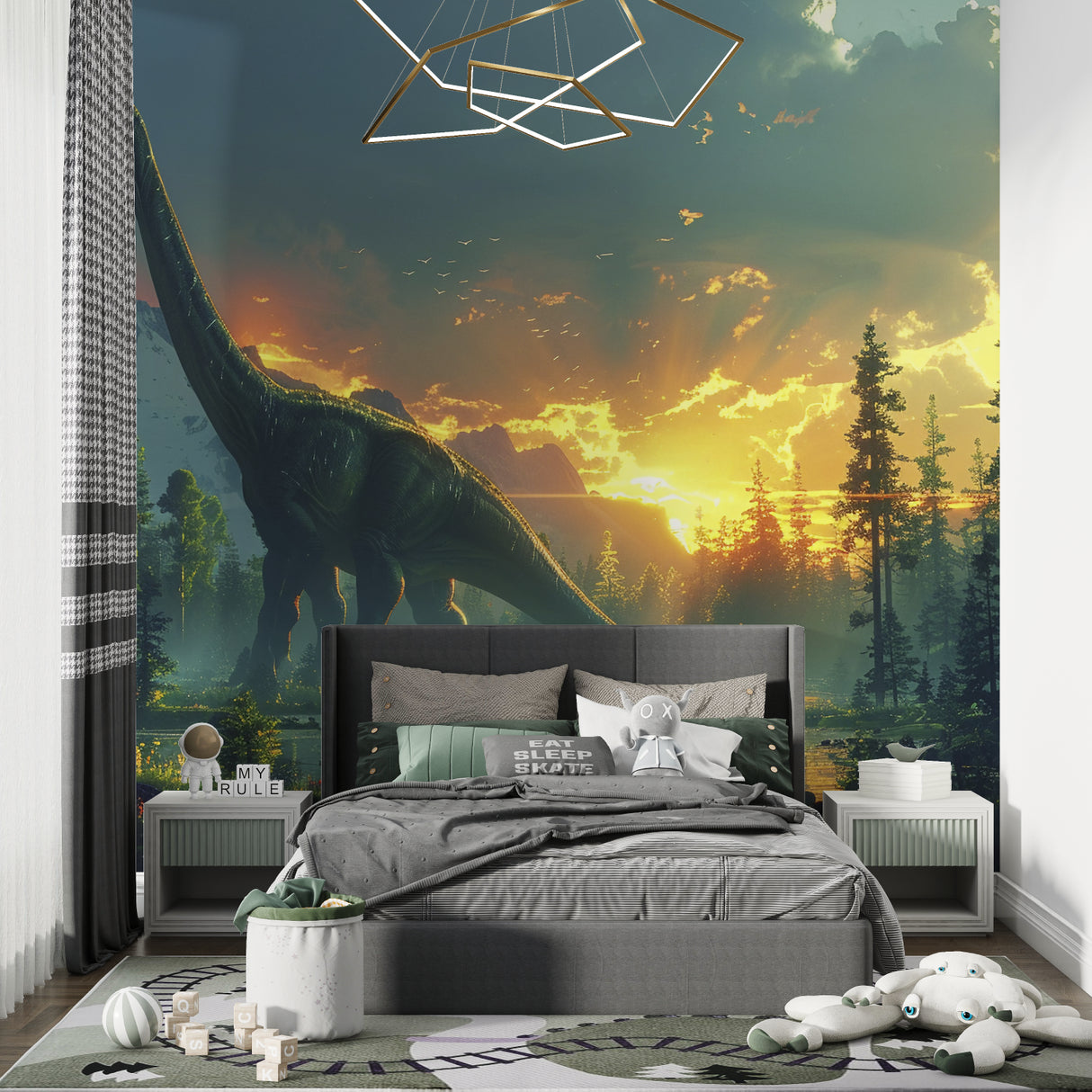 Jurassic forest wallpaper creating cozy atmosphere in playroom with golden sunset glow