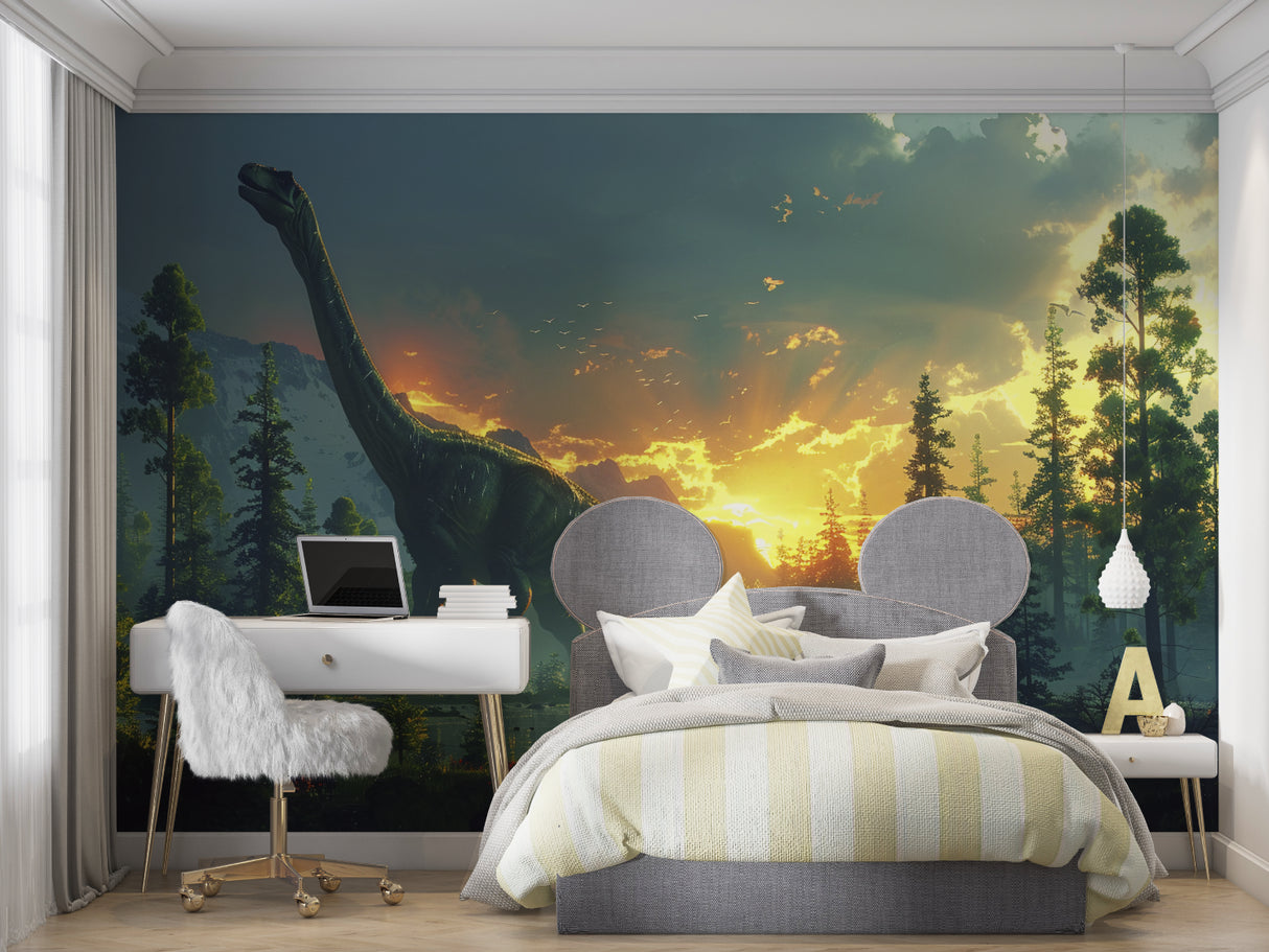 Prehistoric mural wallpaper in study room showcasing dramatic sunset forest scene
