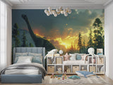 Dinosaur landscape wallpaper bringing warmth to living room with amber sunset tones