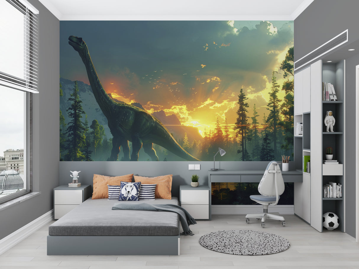 Forest dinosaur mural transforming home office with peaceful sunset scene