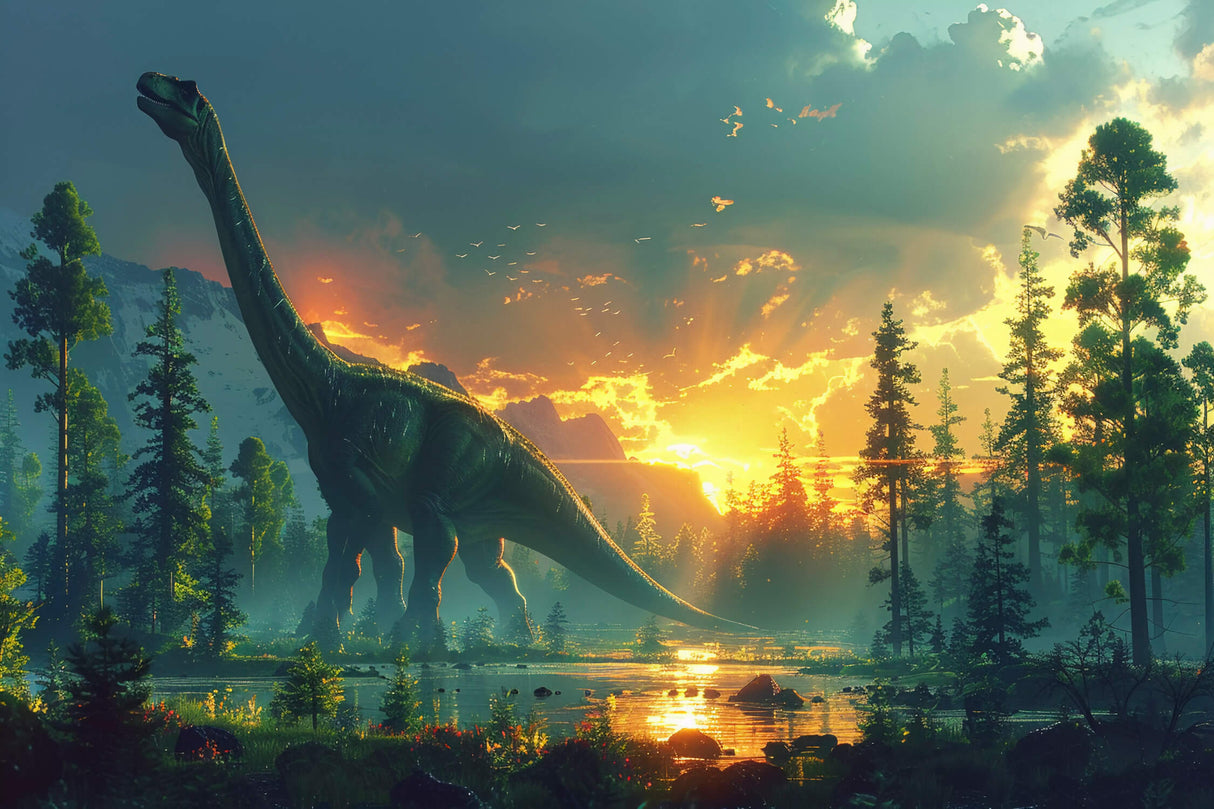 Design file showing detailed Jurassic sunset forest pattern with brachiosaurus silhouette