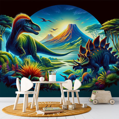 Dinosaur mural wallpaper bringing prehistoric adventure to a modern kids' bedroom with bright tropical colors