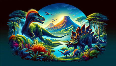 Jurassic Tropical Paradise design file showing detailed T-Rex and Stegosaurus among vibrant palm trees