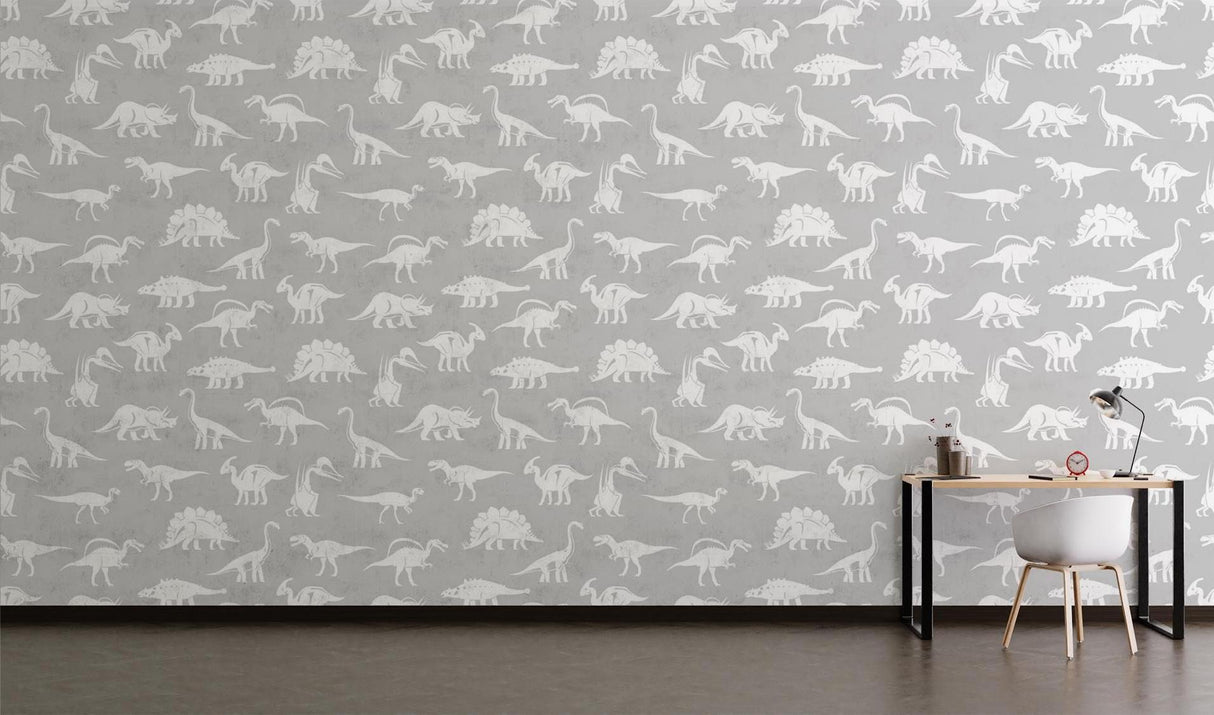 Grey and white dinosaur mural creating a fun learning space in a modern playroom setting