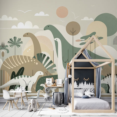 Modern Dinosaur Wallpaper styled in a bright Scandinavian nursery with minimal furniture and natural light