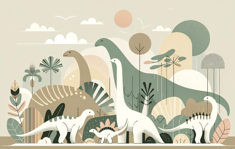 Nordic Dinosaur Wallpaper design file showing gentle giants in sage-green tones with geometric trees