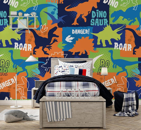 Modern dinosaur wallpaper bringing adventure to a bright playroom with geometric T-Rex and Triceratops designs