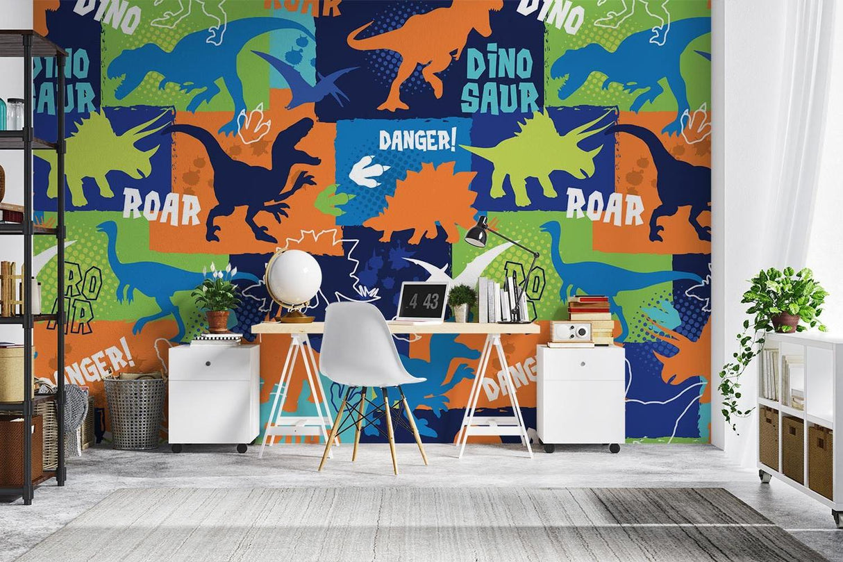Kids bedroom featuring contemporary dinosaur mural with bold orange and blue geometric patterns