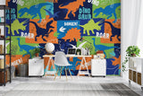 Kids bedroom featuring contemporary dinosaur mural with bold orange and blue geometric patterns