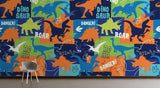 Study space transformed with modern dinosaur wall mural showing dynamic T-Rex and Triceratops silhouettes