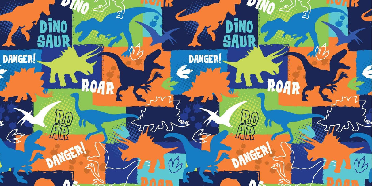 Design file showing complete modern dinosaur pattern with geometric shapes and typography elements