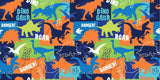 Design file showing complete modern dinosaur pattern with geometric shapes and typography elements