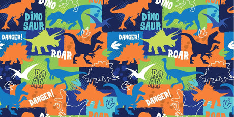 Design file showing complete modern dinosaur pattern with geometric shapes and typography elements