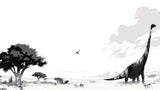 Minimalist black and white dinosaur wallpaper design file showing detailed savanna scene with diplodocus and pterosaur