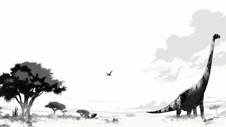 Minimalist black and white dinosaur wallpaper design file showing detailed savanna scene with diplodocus and pterosaur