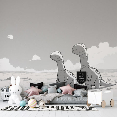 Modern black and white dinosaur mural wallpaper showcased in a bright minimalist children's bedroom with white furniture