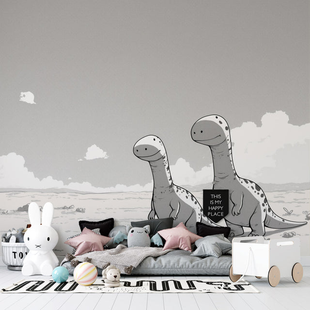 Modern black and white dinosaur mural wallpaper showcased in a bright minimalist children's bedroom with white furniture