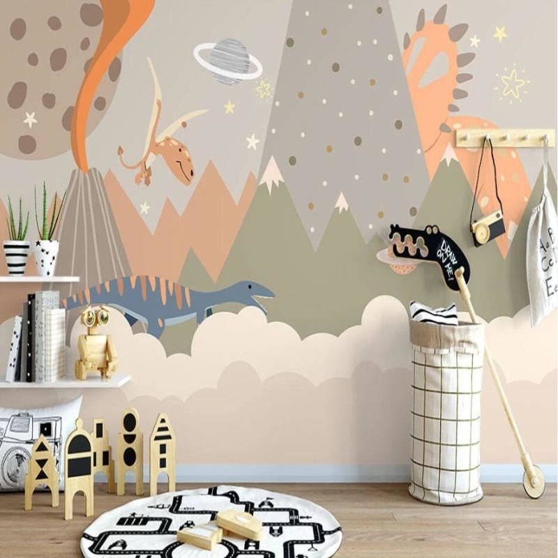 Dinosaur space wallpaper mural creating magic in a modern nursery with soft lighting and minimal decor