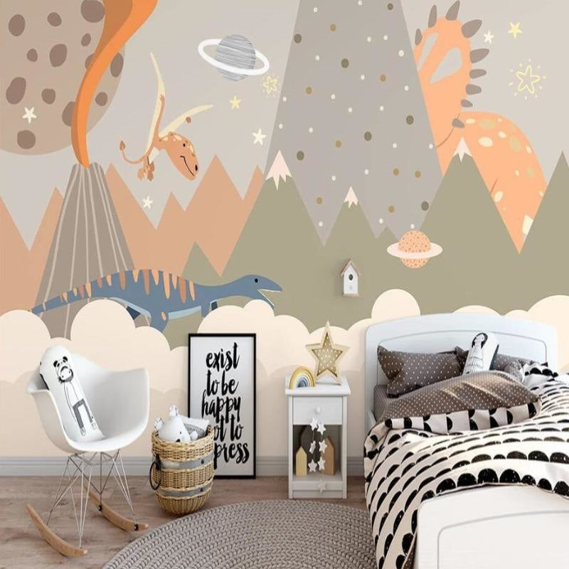 Kids bedroom featuring mountain dinosaur wall mural with space elements, showing playful styling ideas