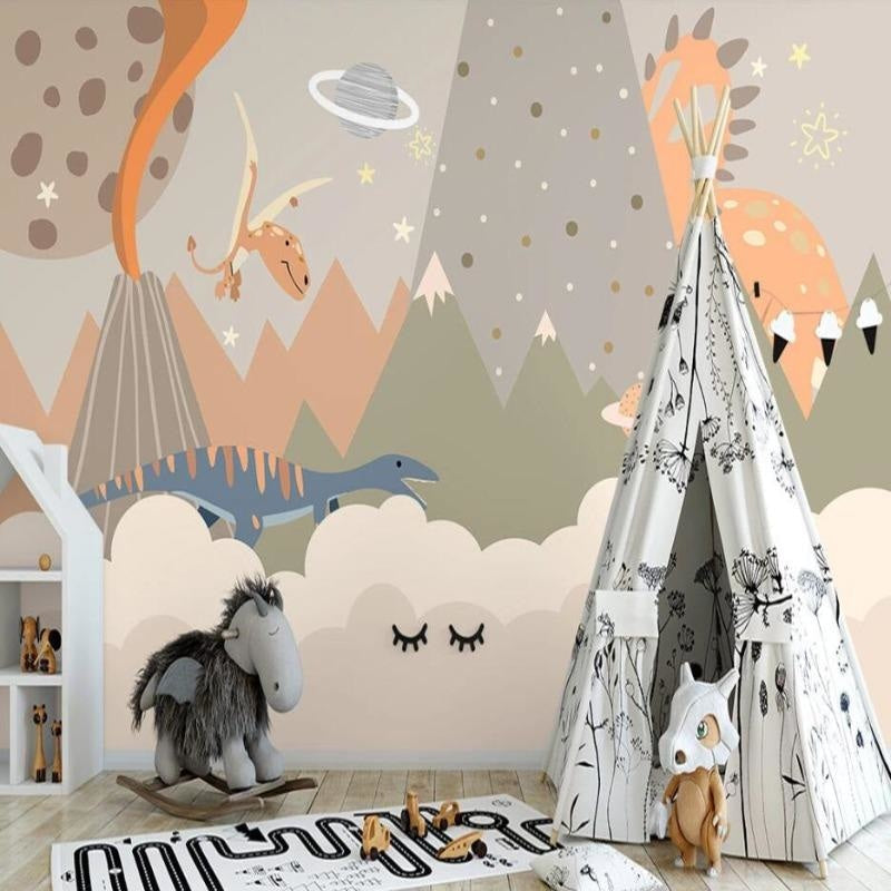 Playroom decorated with space dinosaur wallpaper showing the full mountain scene and cosmic details