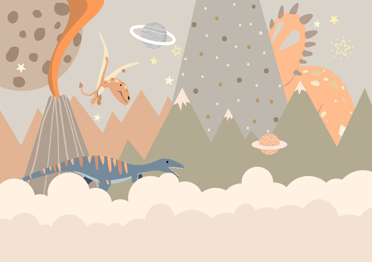 Design file showing full pattern of dinosaur mountain adventure with space theme wallpaper