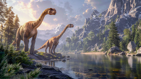 Dinosaur landscape wallpaper design file showing detailed mountain lake scene with Brachiosaurus