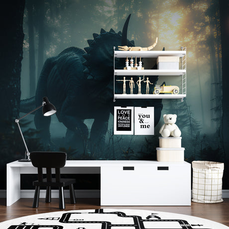 Dinosaur wall mural bringing prehistoric adventure to a modern kids bedroom with soft lighting