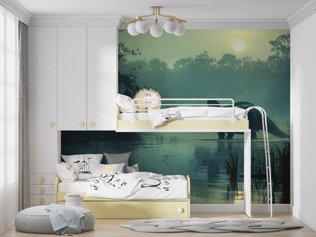 Dinosaur wall mural creating a magical atmosphere in a modern kids bedroom with soft lighting