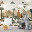 Dinosaur mural wallpaper creating a magical atmosphere in a modern kids bedroom with natural lighting and wooden furniture