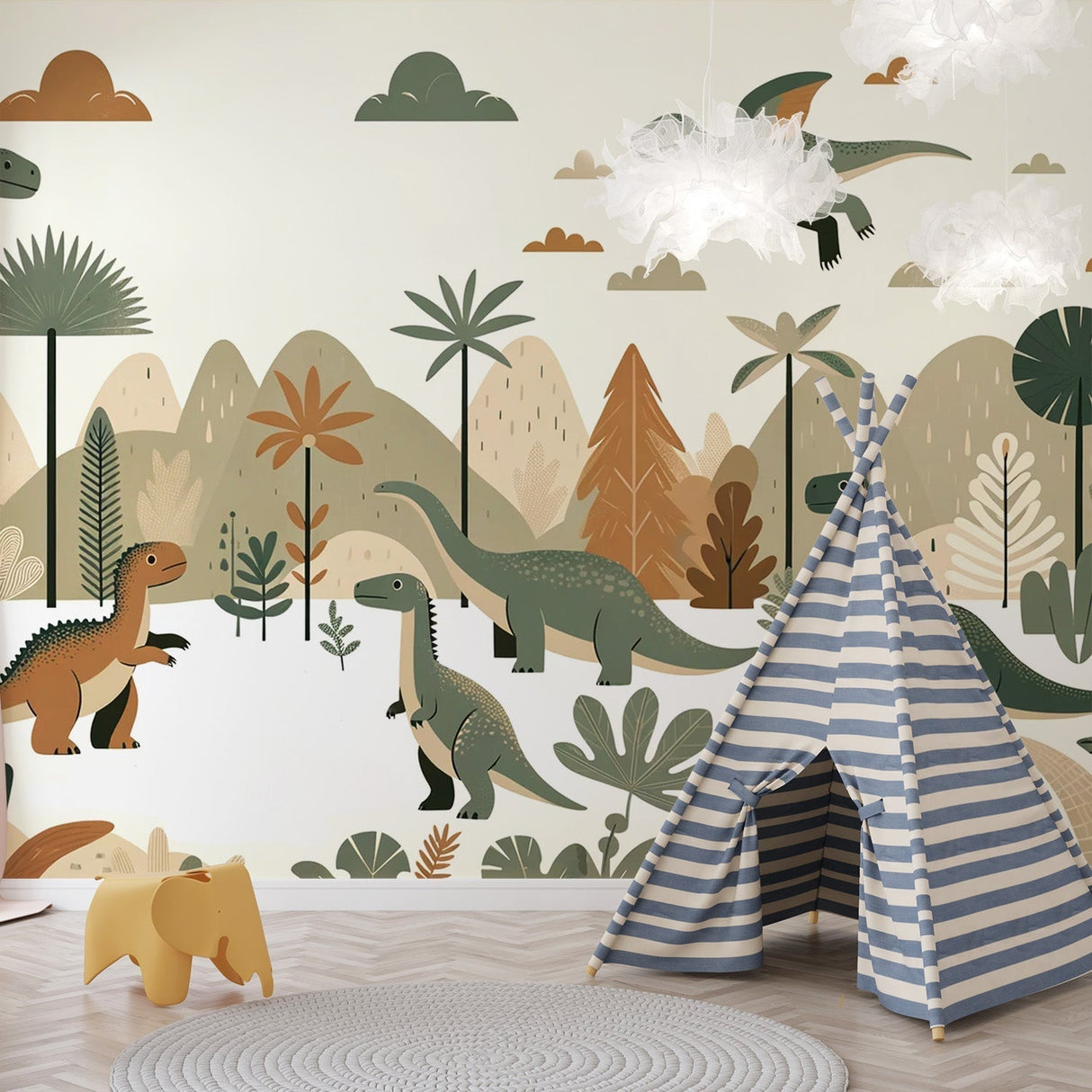 Dinosaur mural wallpaper creating a magical atmosphere in a modern kids bedroom with natural lighting and wooden furniture