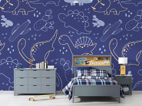 Navy blue dinosaur wallpaper in modern nursery with gold accents