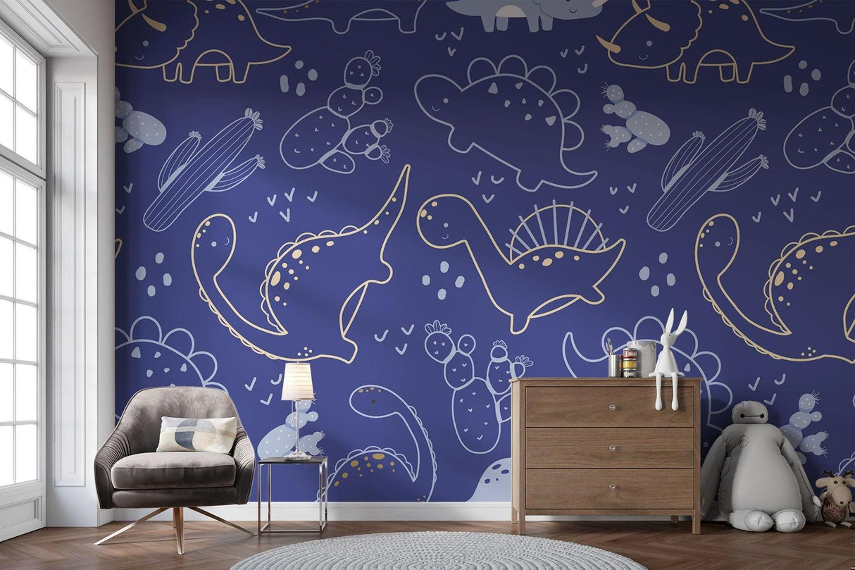 Line art dinosaur mural creating calm atmosphere in kids bedroom