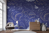 Line art dinosaur mural creating calm atmosphere in kids bedroom