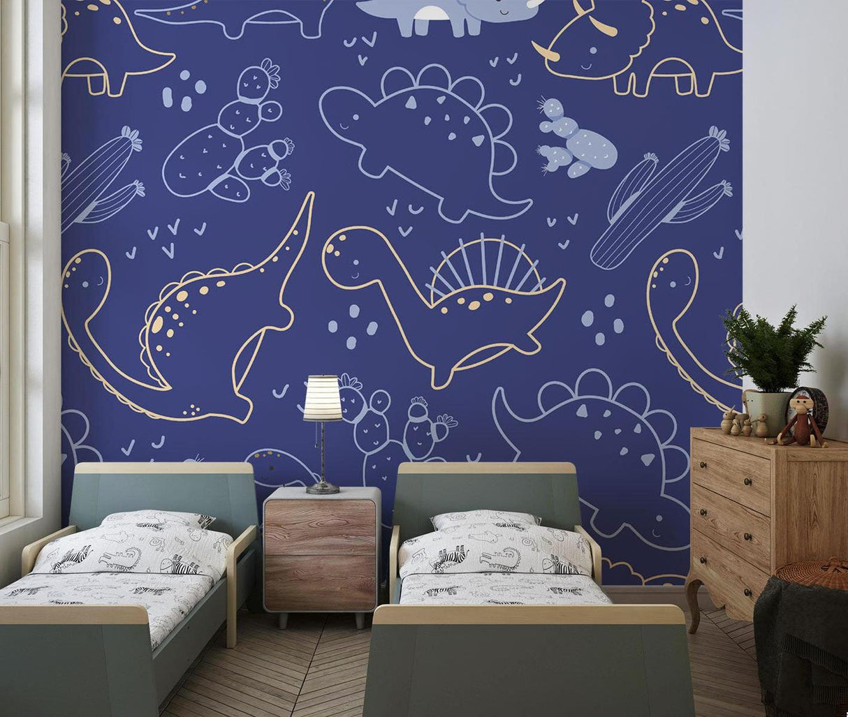 Navy blue and gold dinosaur wall mural in playroom setting