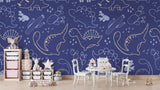 Modern kids room with navy blue dinosaur line art wallpaper