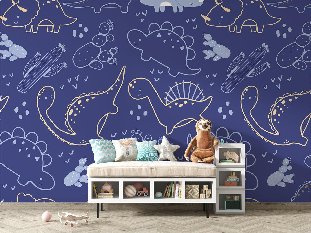 Boys bedroom featuring gold and navy dinosaur wall mural