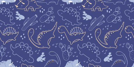Design file: Navy blue dinosaur line art pattern with gold accents