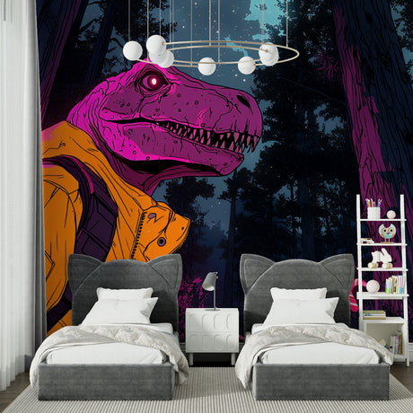 Neon T-Rex dinosaur wallpaper creating a cool glow effect in a modern teen bedroom