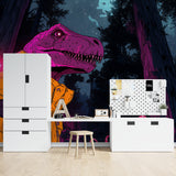Pink neon dinosaur wall mural bringing street art style to a gaming room