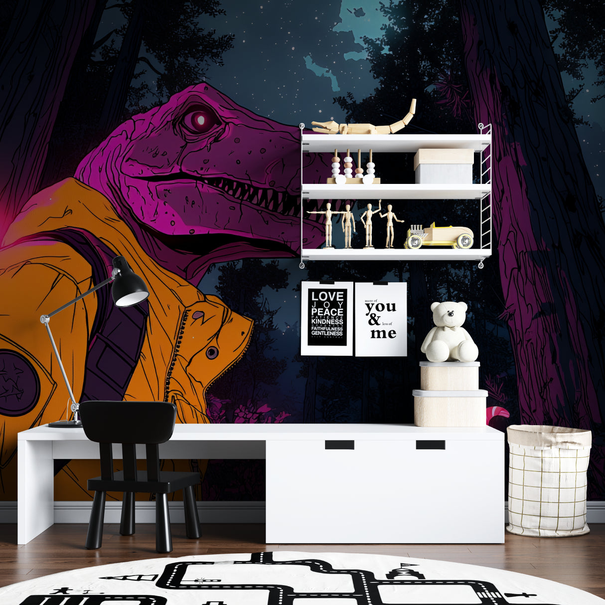 T-Rex wallpaper design lighting up a kids playroom with vibrant neon colors