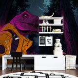 T-Rex wallpaper design lighting up a kids playroom with vibrant neon colors