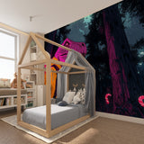 Neon dinosaur mural making a bold statement in a creative home office