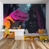 Modern T-Rex wall art transforming a study space with glowing night forest theme