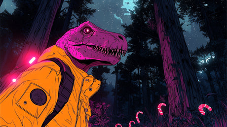 Neon T-Rex wallpaper design file showing detailed night forest pattern and glowing dinosaur artwork