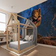 Dinosaur Night Sky Mural in modern kids bedroom with soft lighting creating magical atmosphere