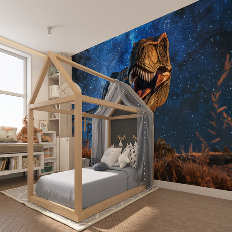 Dinosaur Night Sky Mural in modern kids bedroom with soft lighting creating magical atmosphere